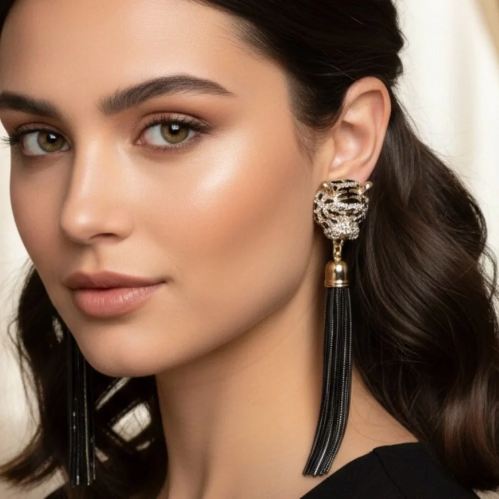 Gold Rhinestone Cheetah Leopard Earrings Long Tassel Fringe Sparkle Jewelry NEW